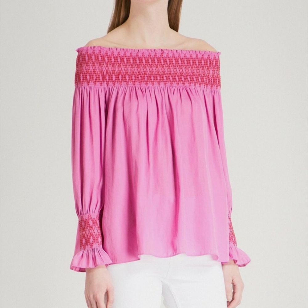MAJE Lofaur Pink Off-Shoulder Smocked Women's Top